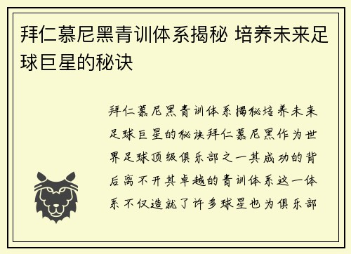 拜仁慕尼黑青训体系揭秘 培养未来足球巨星的秘诀