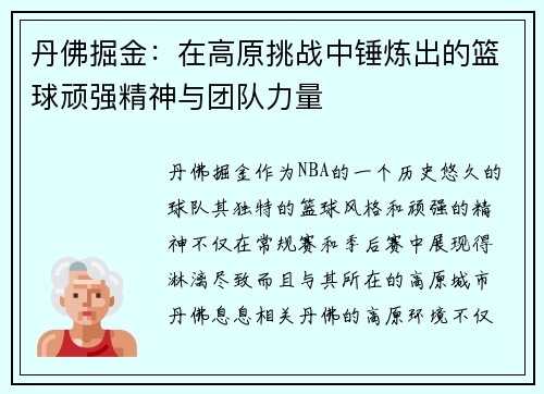 丹佛掘金：在高原挑战中锤炼出的篮球顽强精神与团队力量