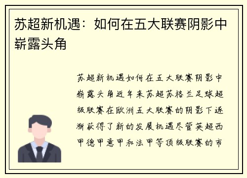 苏超新机遇：如何在五大联赛阴影中崭露头角