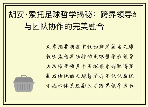 胡安·索托足球哲学揭秘：跨界领导力与团队协作的完美融合